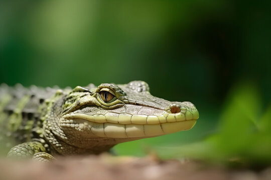 Closeup of a baby crocodile on green blurred background. Generative AI.
