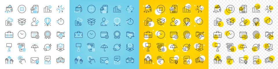Vector icons set of Augmented reality, Verified mail and Open box line icons pack for web with Air balloon, Decreasing graph, Time outline icon. Work home, Power, Corrupted file pictogram. Vector