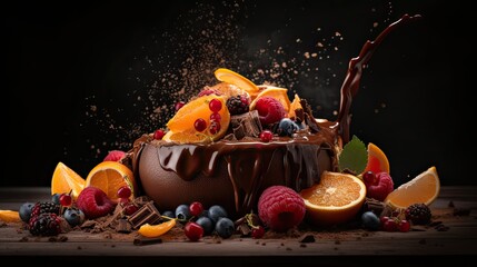 Fototapeta na wymiar Indulge in a fruity chocolate dessert that packs an explosion of flavor. Captured in a food photography style on a dark backdrop. Generative AI
