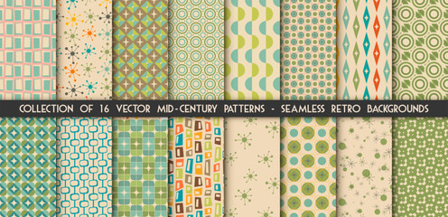 Mid century Collection of 16 modern seamless patterns in vector. 1950s vintage style atomic backgrounds, retro vector illustrations. - 588689586