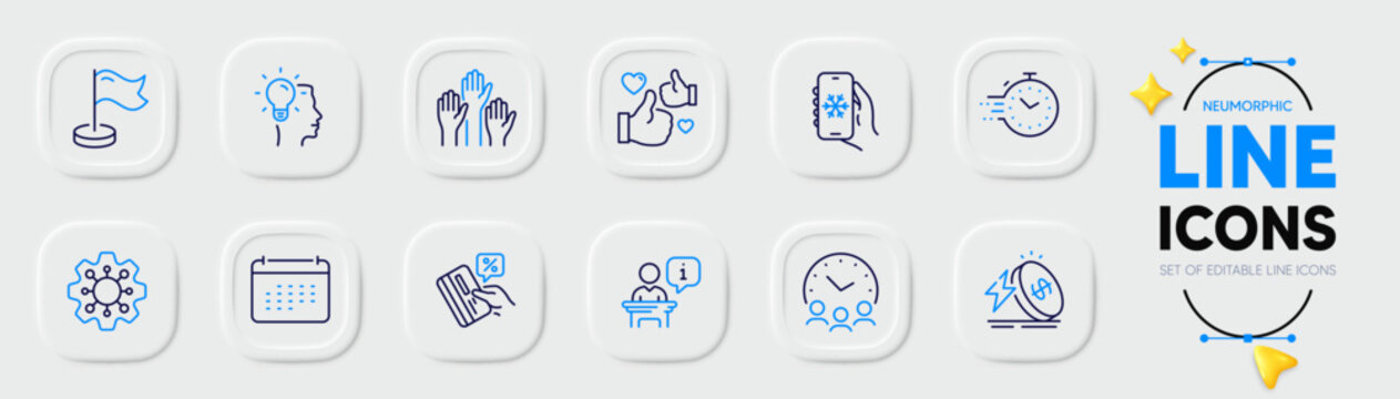 Milestone, Voting hands and Energy price line icons for web app. Pack of Like, Air conditioning, Podium pictogram icons. Idea, Execute, Timer signs. Credit card, Calendar, Meeting time. Place. Vector