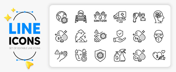 Iron, Coronavirus and Hand sanitizer line icons set for app include Wash hand, Fever, Dont touch outline thin icon. Usa close borders, Medical mask, Electronic thermometer pictogram icon. Vector