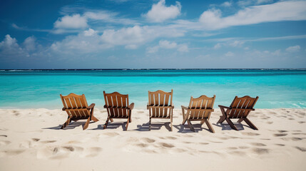 Fototapeta na wymiar Vacation wallpaper. Colorful chairs on the tropical beach. AI 