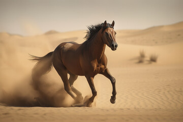 Fototapeta na wymiar Image of a brown horse runs in the middle of the desert. Wildlife. Animals. illustration, generative AI