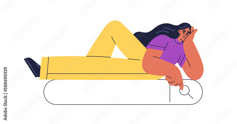 Poster Web browsing with search engine, bar. Surfing internet, blank query in online browser. Woman finding information. SEO marketing concept. Flat vector illustration isolated on white background