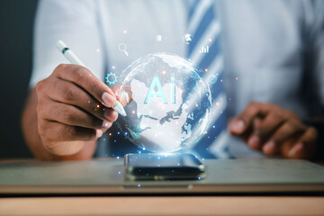 Business people present futuristic business world Ai graphics In the form of technological innovation, digital business processing, innovation of the 21st century