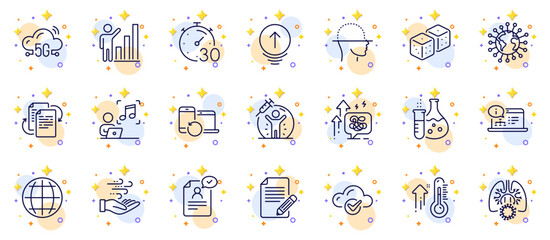 Outline set of Coronavirus, 5g cloud and Face scanning line icons for web app. Include High thermometer, Wind energy, Graph chart pictogram icons. Timer, Music, Stress grows signs. Vector