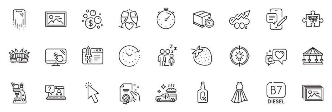 Icons pack as Food delivery, Alcohol free and Heart line icons for app include Certificate, Dress, Co2 outline thin icon web set. Carousels, Touch screen, Timer pictogram. Quick tips. Vector