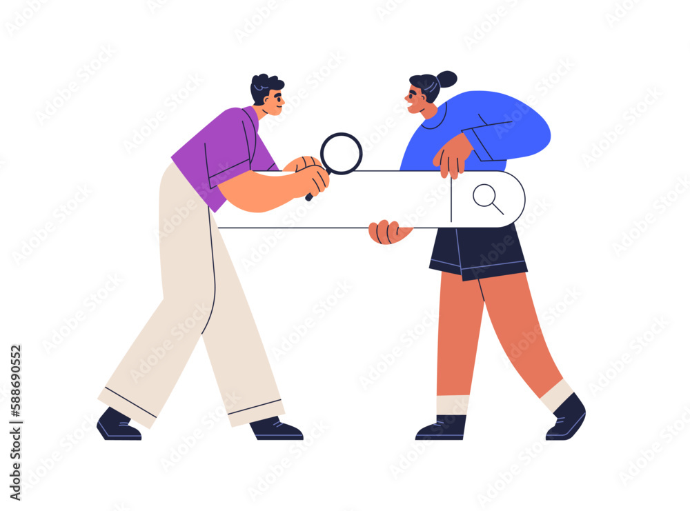 Poster browsing internet with search bar, engine. online query, keyword, marketing analysis concept. web su