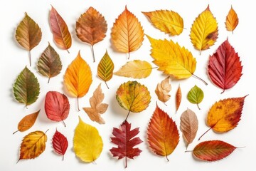 Isolated leaves. Collection of multicoloured fallen autumn leaves isolated on white background - created with Generative AI technology