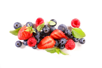 strawberries and blueberries fruits on white background
