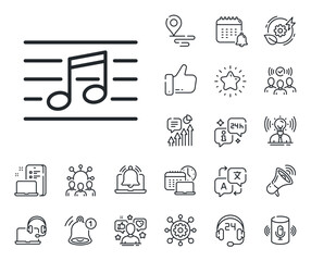 Music sign. Place location, technology and smart speaker outline icons. Musical note line icon. Musical note line sign. Influencer, brand ambassador icon. Support, online offer. Vector