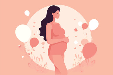 Beautiful pregnant woman banner with copy space, concept of pregnancy, parenthood, Card for design, Vector flat illustration on a light pink background. 