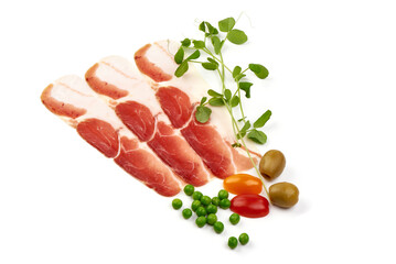 Traditional Spanish Jamon Serrano ham, Prosciutto Crudo, Parma ham, Italian antipasto, isolated on white background.