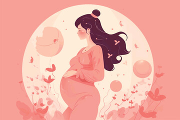 Beautiful pregnant woman banner with copy space, concept of pregnancy, parenthood, Card for design, Vector flat illustration on a light pink background. 