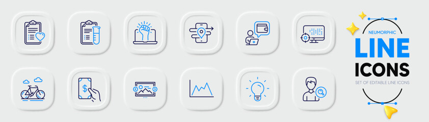 Light bulb, Wallet and Bike line icons for web app. Pack of Empower, Search people, Gps pictogram icons. Medical analyzes, Diagram, Seo signs. Patient history, Image carousel, Receive money. Vector