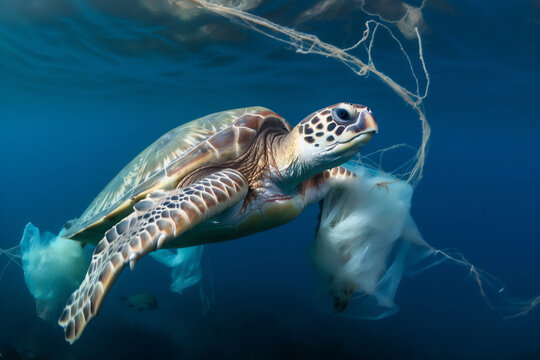 Turtle entangled in plastic in the ocean. Environmental problem of plastics. Protection of wildlife. Animals in danger.