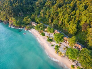 Aerial shot of the White Sand Beach on Koh Chang island in Thailand surrounded by the blue sea