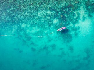 Obraz premium Aerial shot of the boat and snorkelers swimming in the blue waters of the sea in Thailand