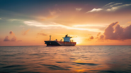 Naklejka premium Low angle view on huge fuel tanker ship in the sea on sunset. Generative AI