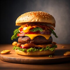a hamburger sitting on top of a wooden table, luscious patty with sesame seeds cheeseburger