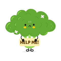 Cute sad sick broccoli asks for help character. Vector hand drawn cartoon kawaii character illustration icon. Isolated on white background. Suffering unhealthy broccoli character concept