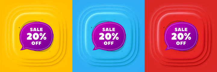 Sale 20 percent off bubble banner. Neumorphic offer banner, flyer or poster. Discount sticker shape. Coupon badge icon. Sale bubble promo event banner. 3d square buttons. Special deal coupon. Vector