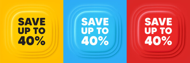Save up to 40 percent. Neumorphic offer banners. Discount Sale offer price sign. Special offer symbol. Discount podium background. Product infographics. Vector