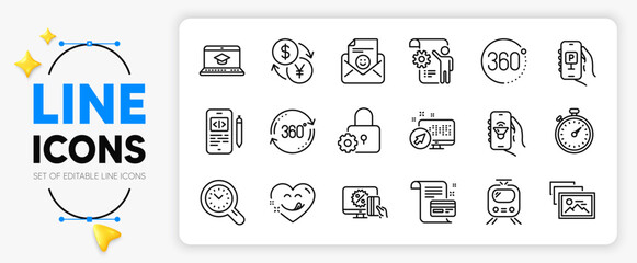 Payment card, Photo album and Parking app line icons set for app include Yummy smile, Web system, Music app outline thin icon. Online shopping, 360 degrees, Website education pictogram icon. Vector