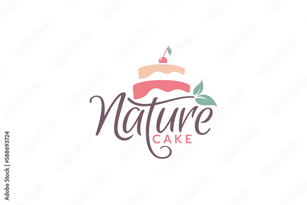 Wall mural nature cake logo with a combination of a cake, leaves, and beautiful lettering.