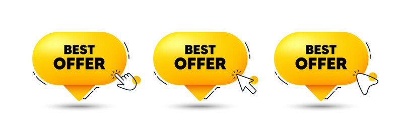Best offer tag. Click here buttons. Special price Sale sign. Advertising Discounts symbol. Best offer speech bubble chat message. Talk box infographics. Vector