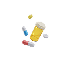 White, yellow, blue, red capsules with plastic bottle isolated on transparent background. 3d render. PNG. Tablets, medicine concept. 3D rendering, ui, ux. Pills. Health