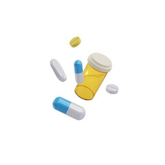 White, yellow, blue capsules with plastic bottle isolated on transparent background. 3d render. PNG. Tablets, medicine concept. 3D rendering, ui, ux. Pills. Health