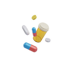 White, yellow, blue and red capsules with plastic bottle isolated on transparent background. 3d render. PNG. Tablets, medicine concept. 3D rendering, ui, ux. Pills. Health