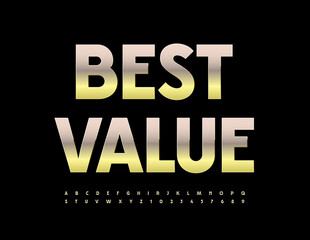 Vector promo badge Best Value. Gold Metallic Font. Reflective elite Alphabet Letters and Numbers set