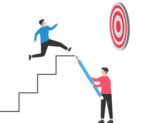 Achieve a target, business plan to achieve a target, build stairs to success or career growth, action plan or effort to reach goal, motivation to reach target, Business Leadership concept
