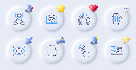 Fraud, Restaurant app and Unlock system line icons. Buttons with 3d bell, chat speech, cursor. Pack of Eye detect, Employees teamwork, Medical help icon. Auction, Checkbox pictogram. Vector