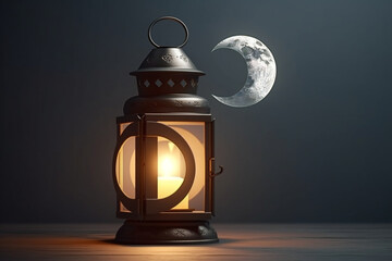 Ramadan Kareem background with crescent moon and candle Generative ai