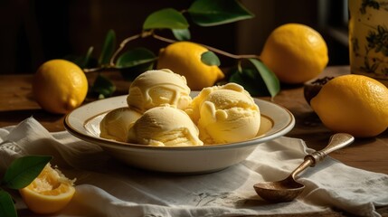 Ice cream in a plate and lemons on the table. Lemon-flavored ice cream. The concept of delicious and healthy food. AI generated