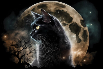Black cat on the background of the moon. AI generation