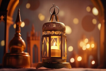 Obraz premium Ramadan Kareem background with crescent moon and candle Generative ai