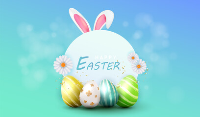 Happy Easter vector with eggs and flowers. Holiday card with bunny ears background. Spring celebration design.