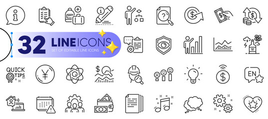 Outline set of Yen money, Eye detect and Team work line icons for web with Alcohol addiction, Algorithm, Trade infochart thin icon. English, Quick tips, Work home pictogram icon. Vector