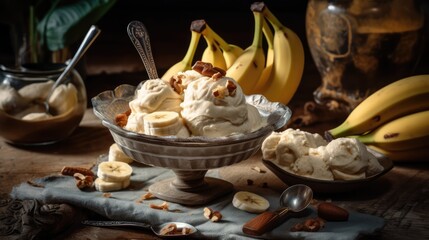 Ice cream in a plate and bananas on the table. Banana-flavored ice cream. The concept of delicious and healthy food. AI generated