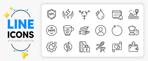 Safe energy, Headshot and Hydroelectricity line icons set for app include Notification, Wallet, Chef outline thin icon. Antistatic, Coffee, Spf protection pictogram icon. Love letter. Vector