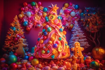 Photo of a festive Christmas tree made entirely of colourful donuts cakes and candies in a beautifully decorated room created with Generative AI technology