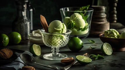 Ice cream on a plate and lime on the table. Lime-flavored ice cream. The concept of delicious and healthy food. AI generated