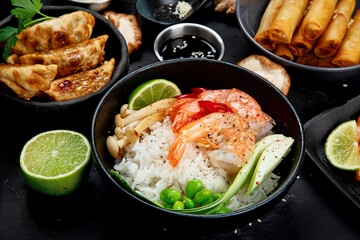 Various of asian meals on rustic background , top view , place for text. Asian food concept.