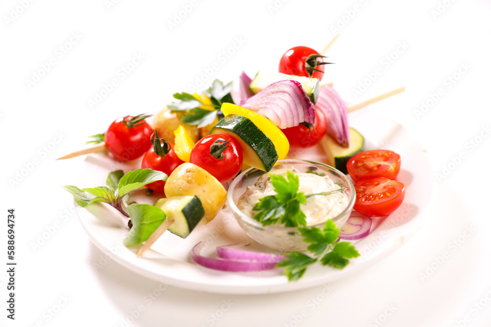 Poster Vegetable skewer on plate with dipping sauce in bowl-healthy eating