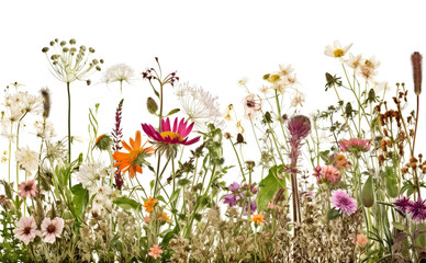 Floral border of wild meadow flowers isolated on white background, with copy space. Generative AI. 